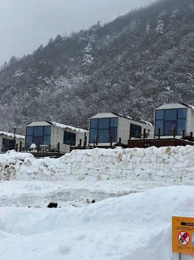 Snow-covered chalets on a mountainside