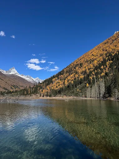 Autumn mountainside and snow peak reflected in an alpine lake