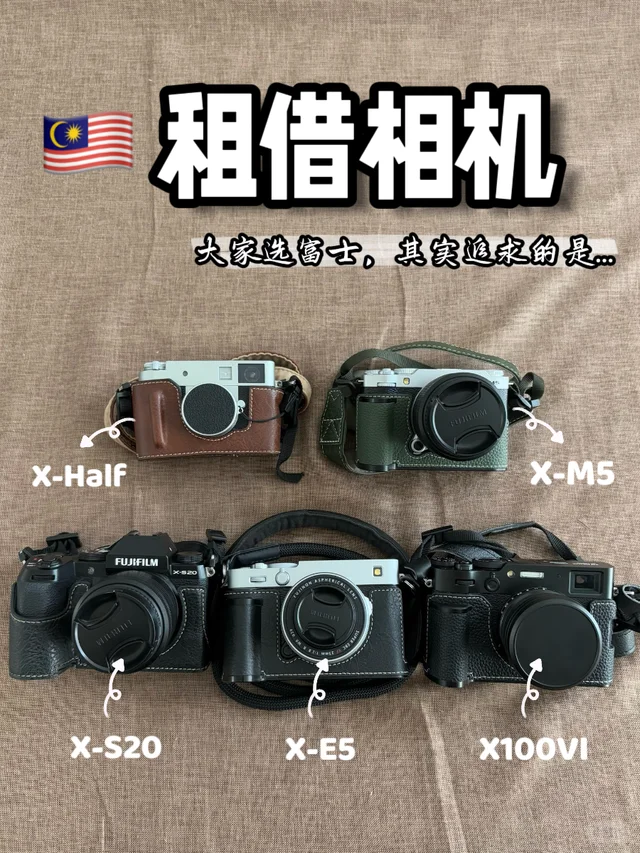 Xiaohongshu post cover: Fujifilm rental guide comparing the X Half, X-M5, X-S20, X-E5 and X100VI